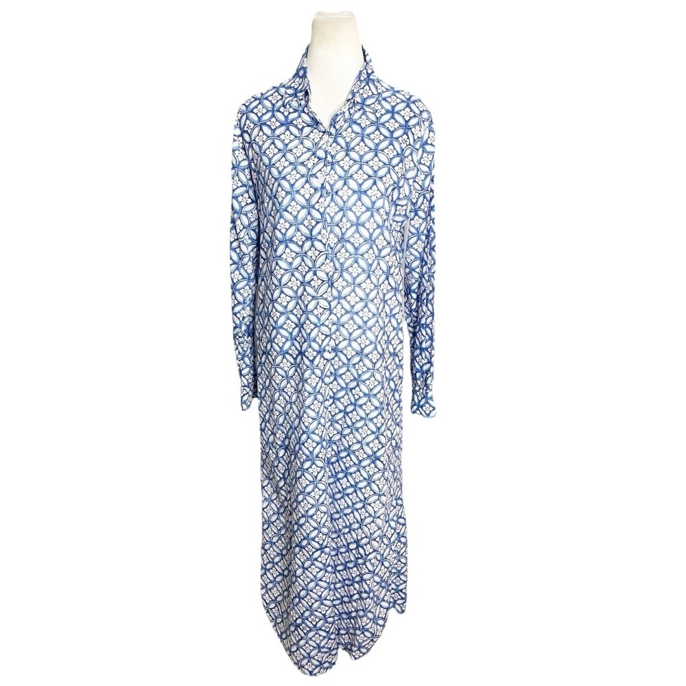 Pax Philomena Blue White Print Maxi Shirt Dress Cotton XL